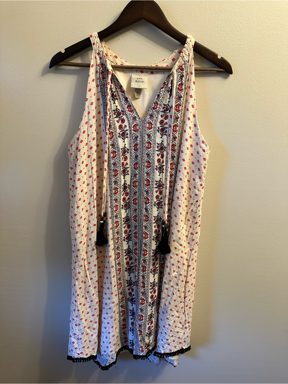 #350 Printed Sleeveless V-Neck Tunic Dress in White with Red Floral